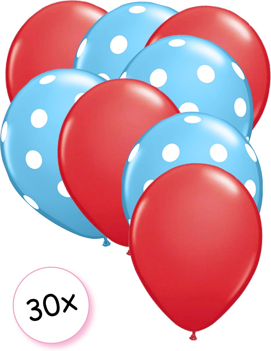 Ballonnen Rood & Dots Licht blauw-Wit 30 stuks 27 cm